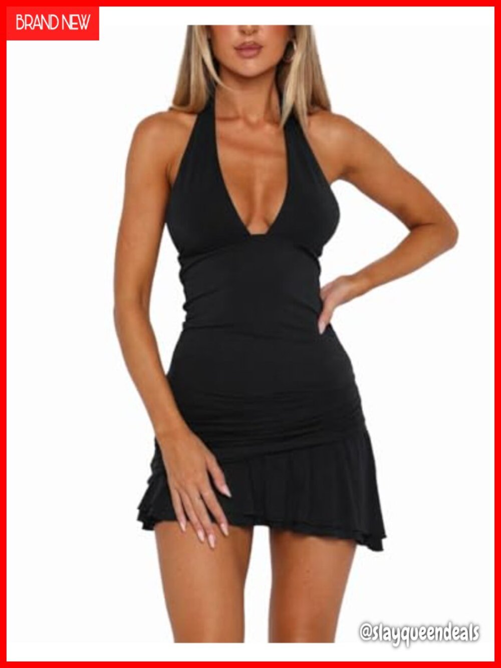 Women Halter Deep V Neck Ruched Bodycon Mini Dress Backless Cocktail Party